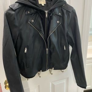 Faux Leather jacket with hood.